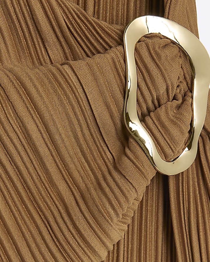 Brown Sleeveless Plisse Wrap Top