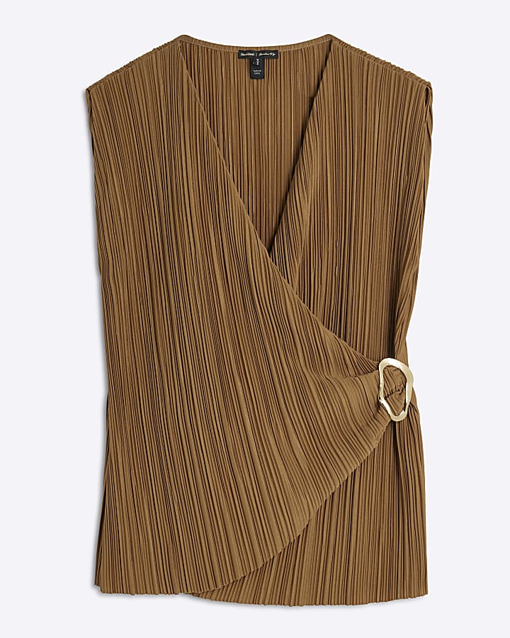 Brown Sleeveless Plisse Wrap Top