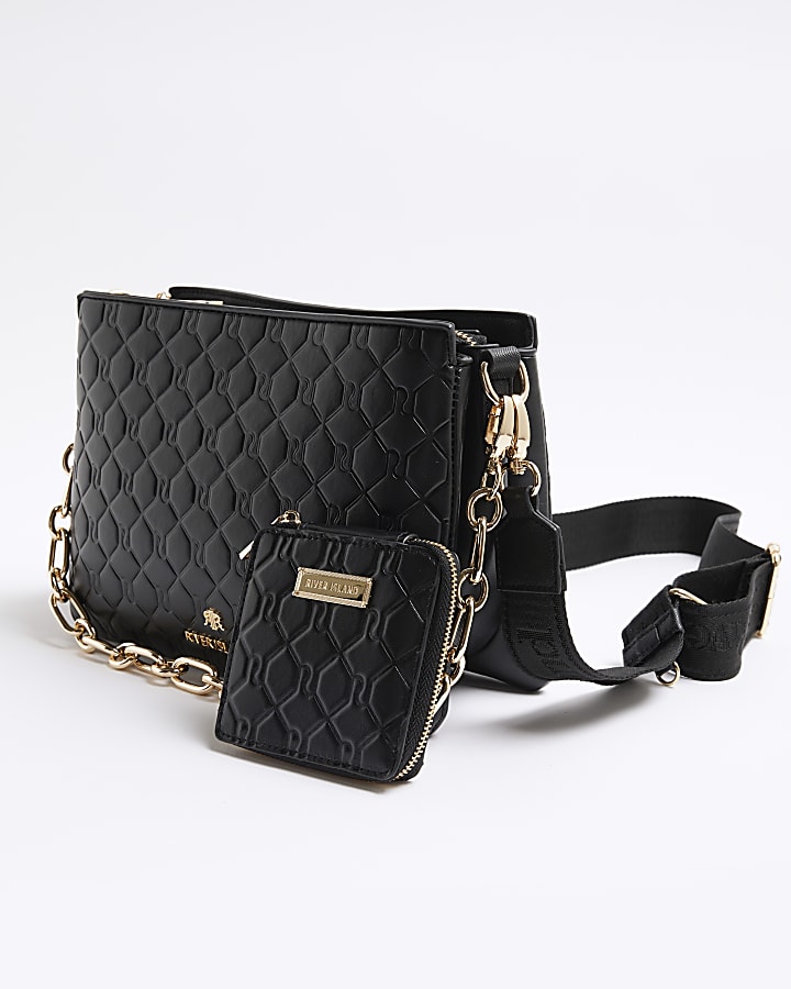 Black Embossed Chain Cross Body Bag