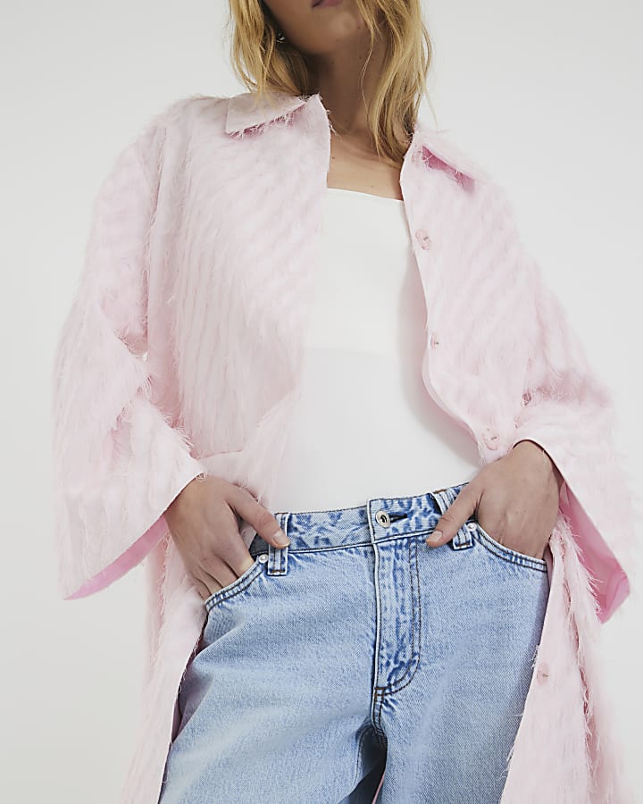 Pink Faux Feather Fringed Midi Coat