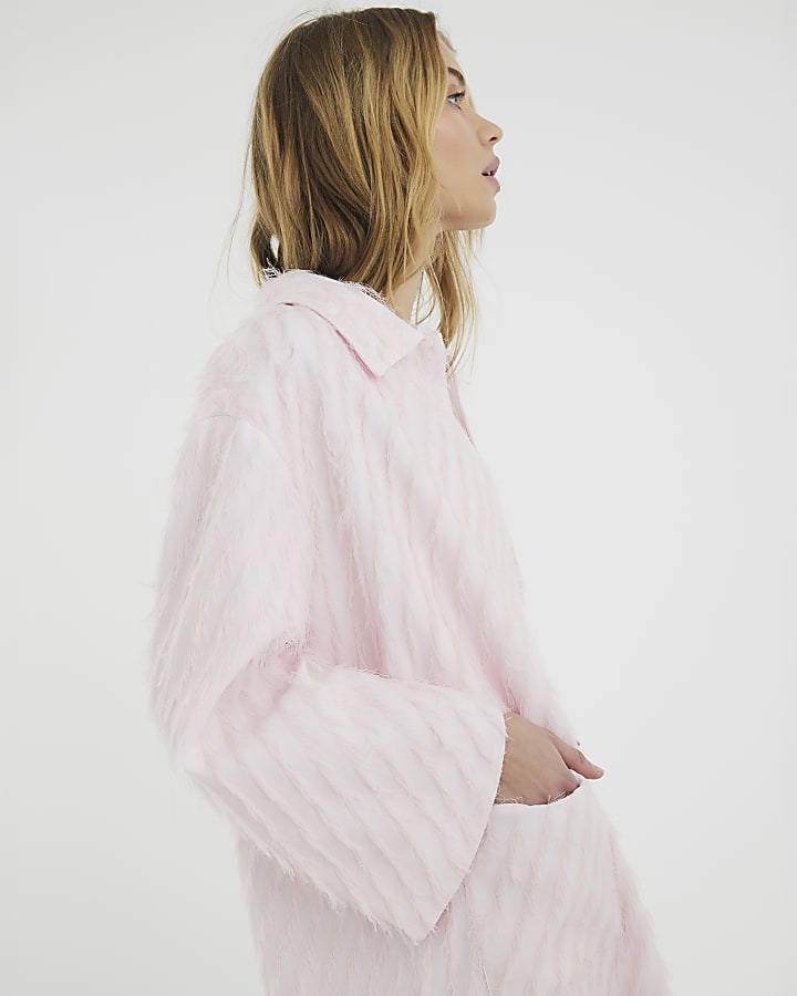 Pink Faux Feather Fringed Midi Coat