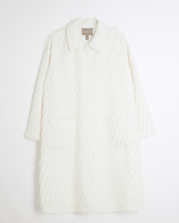 Cream Faux Feather Fringed Midi Coat