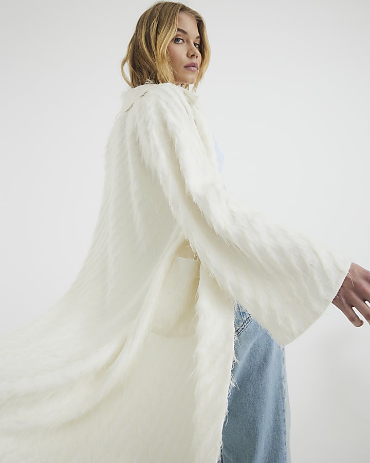 Cream Faux Feather Fringed Midi Coat