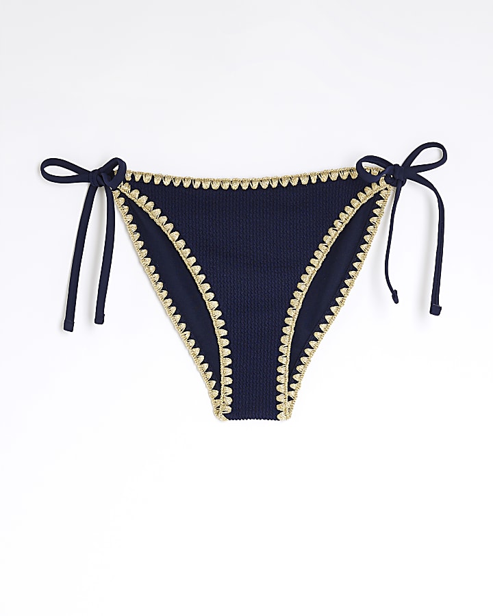 Navy Textured Low Rise Bikini Bottoms
