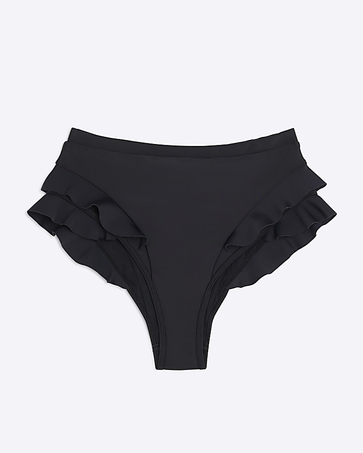Black Frilled Scuba High Waist Bikini Bottoms