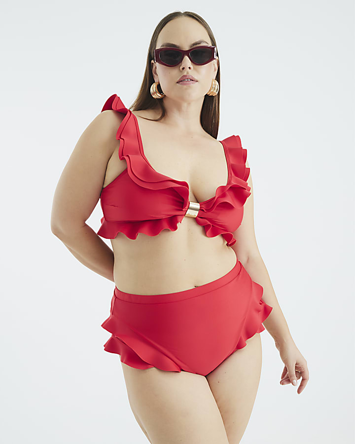 Red Frilled Scuba Bikini Top