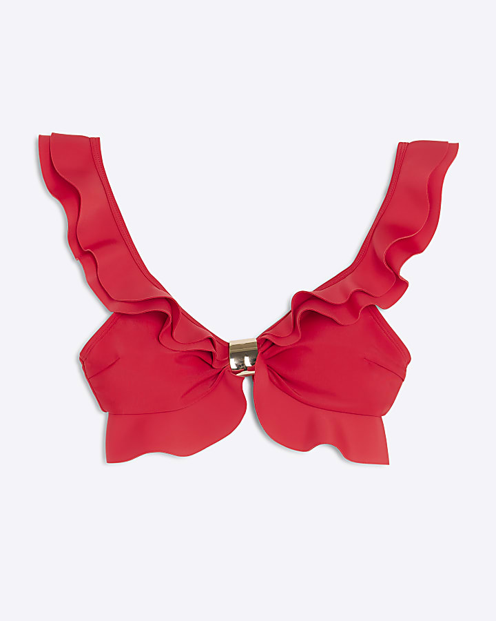 Red Frilled Scuba Bikini Top