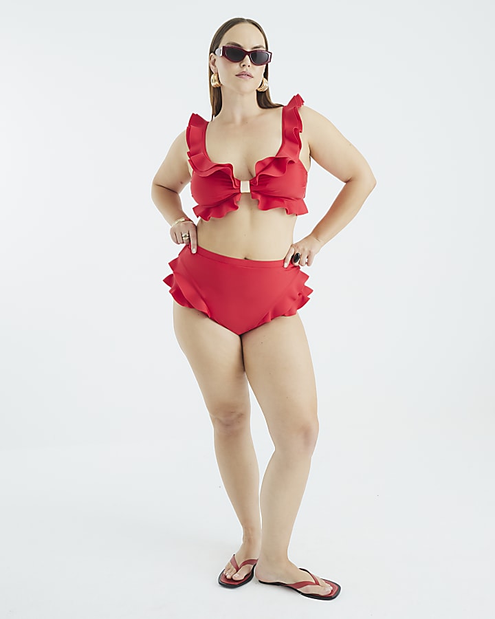 Red Frill Scuba High Waisted Bikini Bottoms