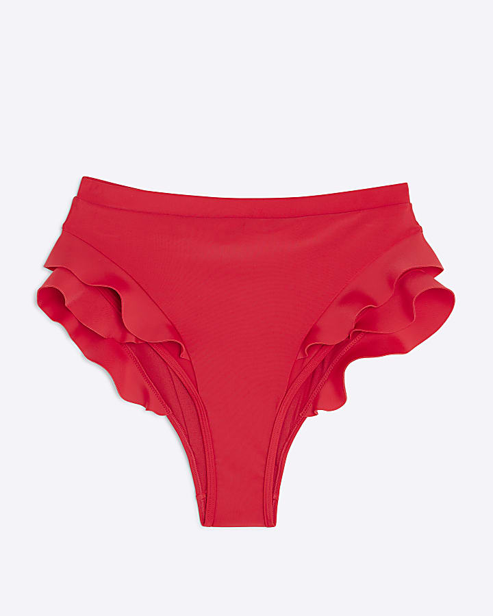 Red Frill Scuba High Waisted Bikini Bottoms