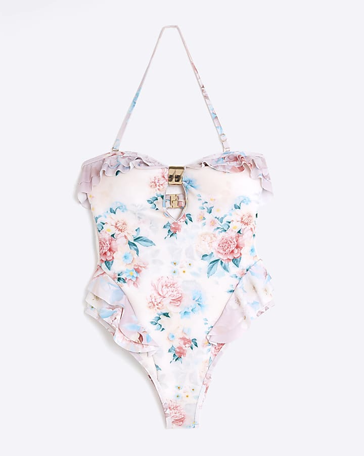 Cream Floral Frill Bandeau Swimsuit