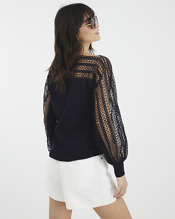 Navy Long Sleeve Lace Hybrid Jumper