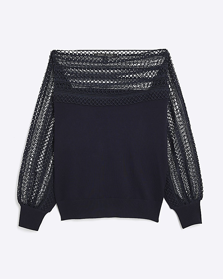 Navy Long Sleeve Lace Hybrid Jumper