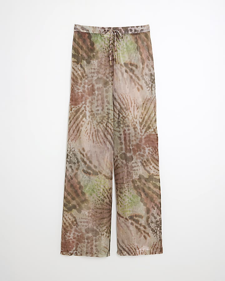 Khaki Animal Print Wide Leg Beach Trousers