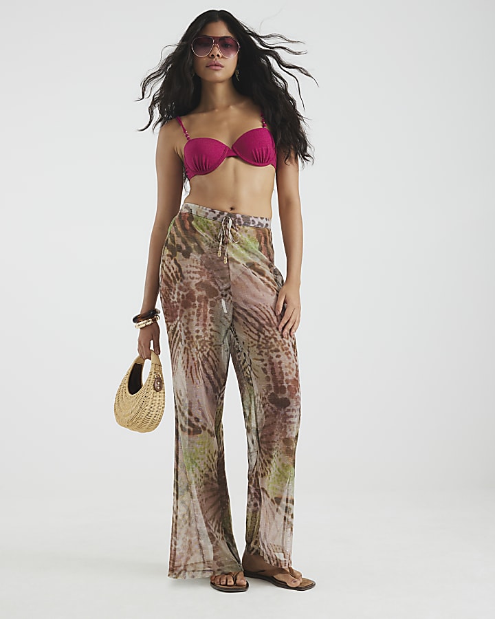 Khaki Animal Print Wide Leg Beach Trousers