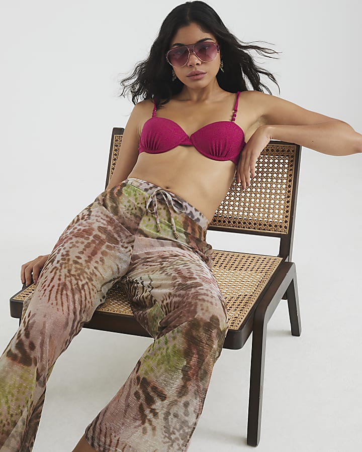Khaki Animal Print Wide Leg Beach Trousers