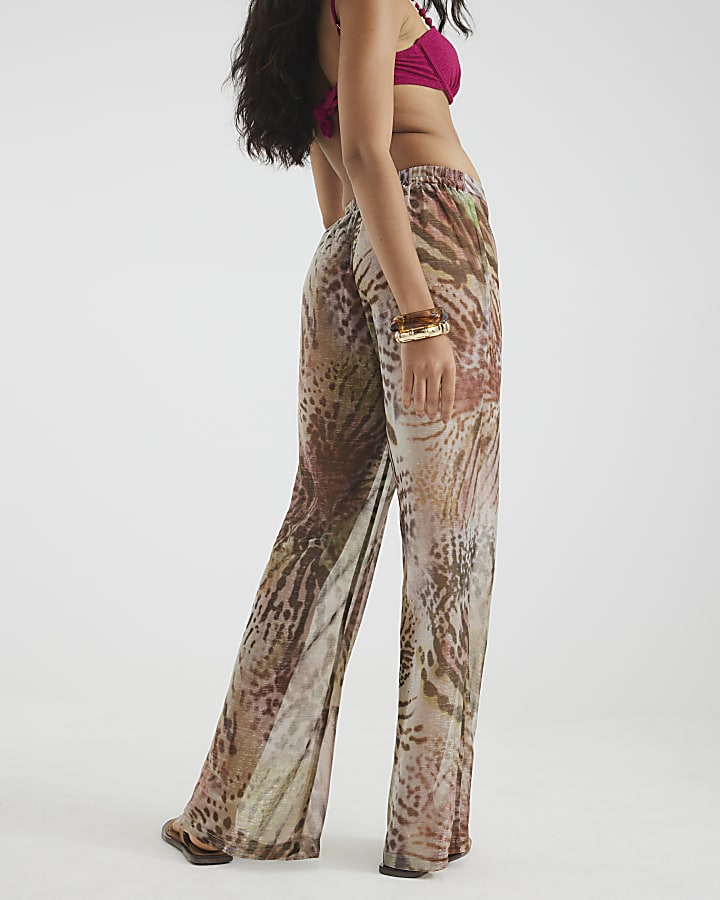Khaki Animal Print Wide Leg Beach Trousers