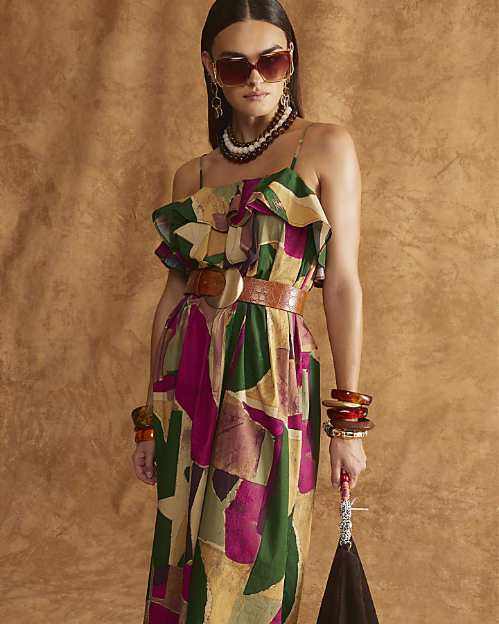 Purple Printed Ruffle Maxi Dress