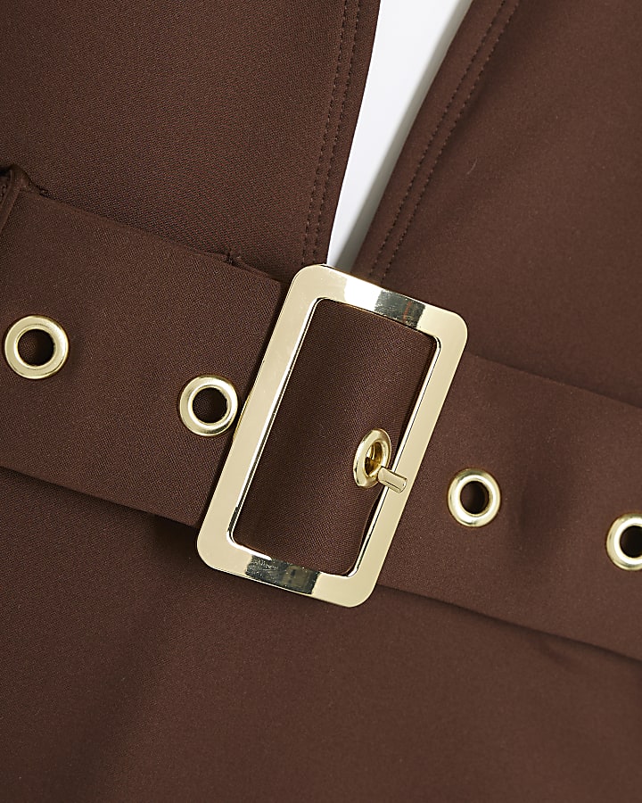Brown Plunge Neckline Belted Swimsuit