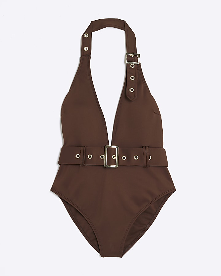 Brown Plunge Neckline Belted Swimsuit