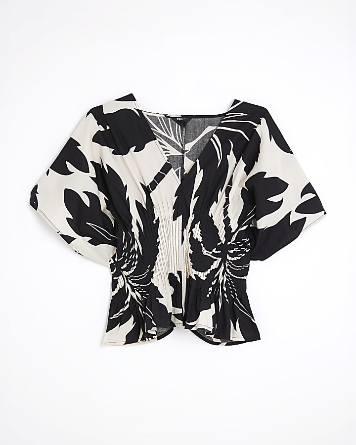 Black Short Sleeve Printed Shirred Top