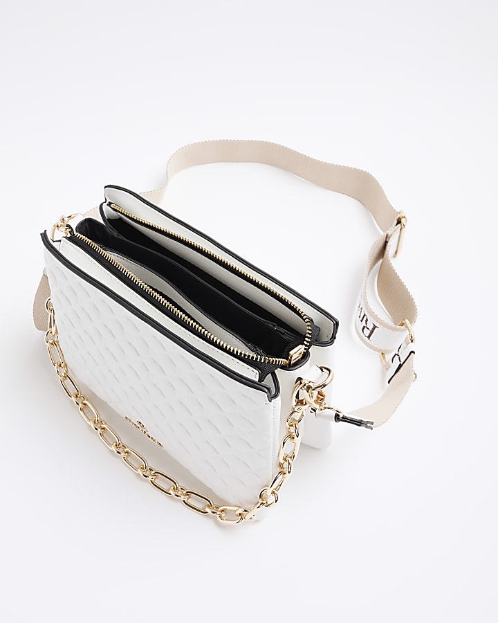 White Embossed Chain Cross Body Bag