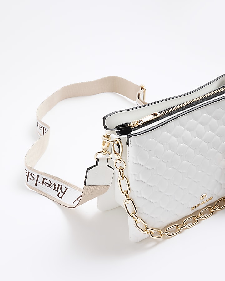 White Embossed Chain Cross Body Bag