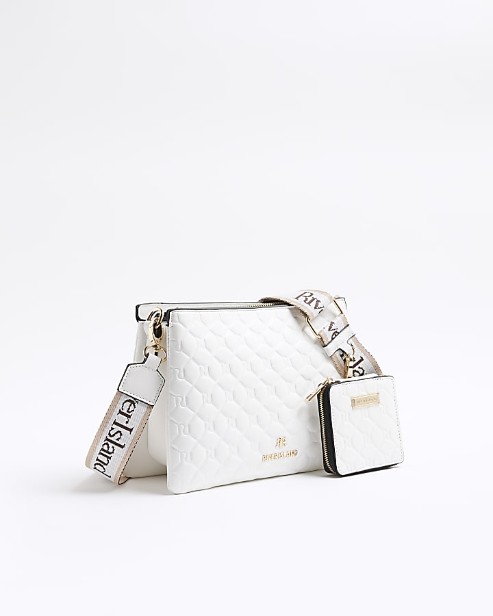 White Embossed Chain Cross Body Bag