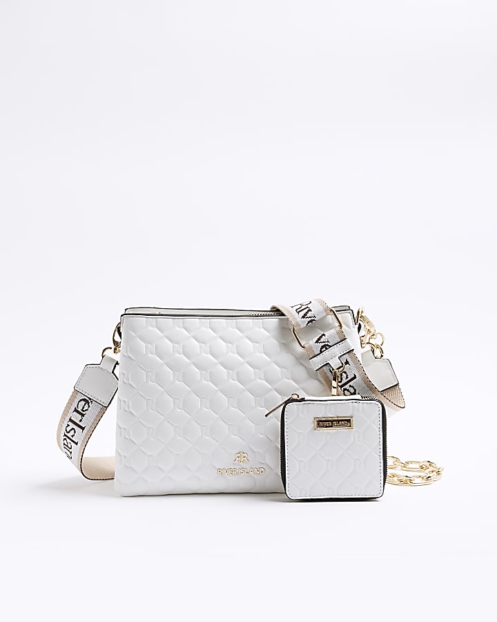 White Embossed Chain Cross Body Bag