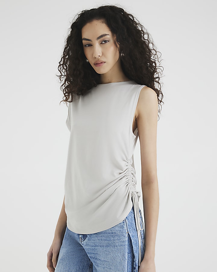 Cream Sleeveless Ruched Drape T-shirt