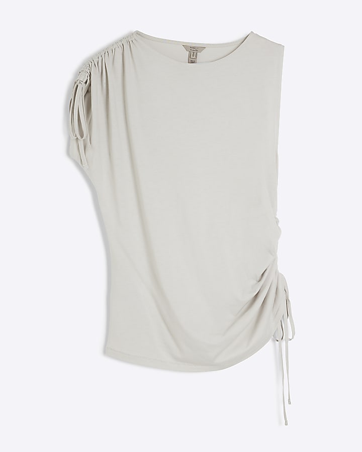 Cream Sleeveless Ruched Drape T-shirt