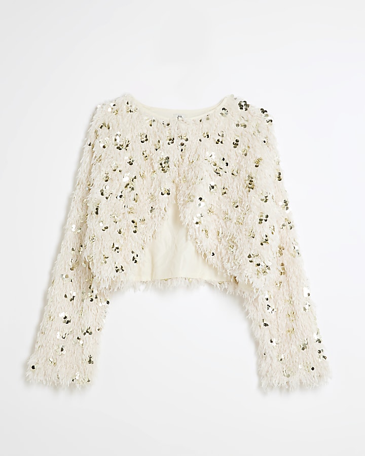 Beige Long Sleeve Feather And Sequin Bolero