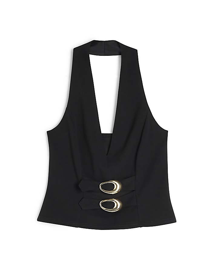 Black Sleeveless Halter Neck Gold Buckle Top