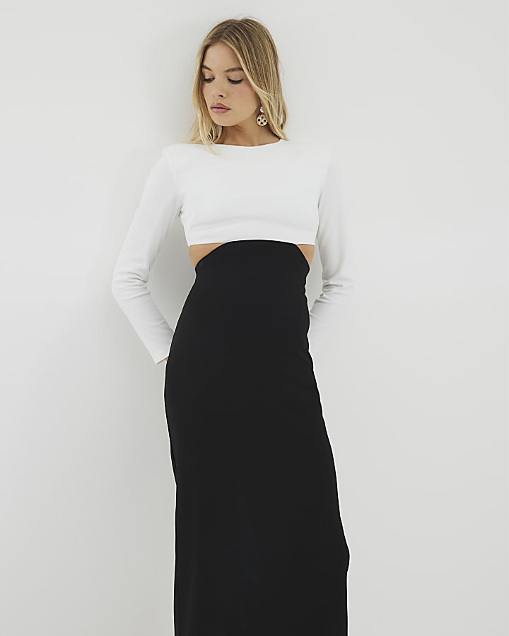 Black Cut Out Colour Block Midi Dress