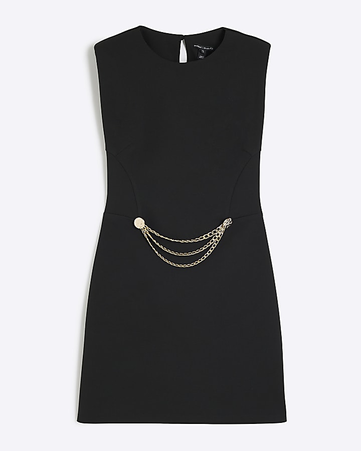 Black Sleeveless Chain Trim Shift Mini Dress