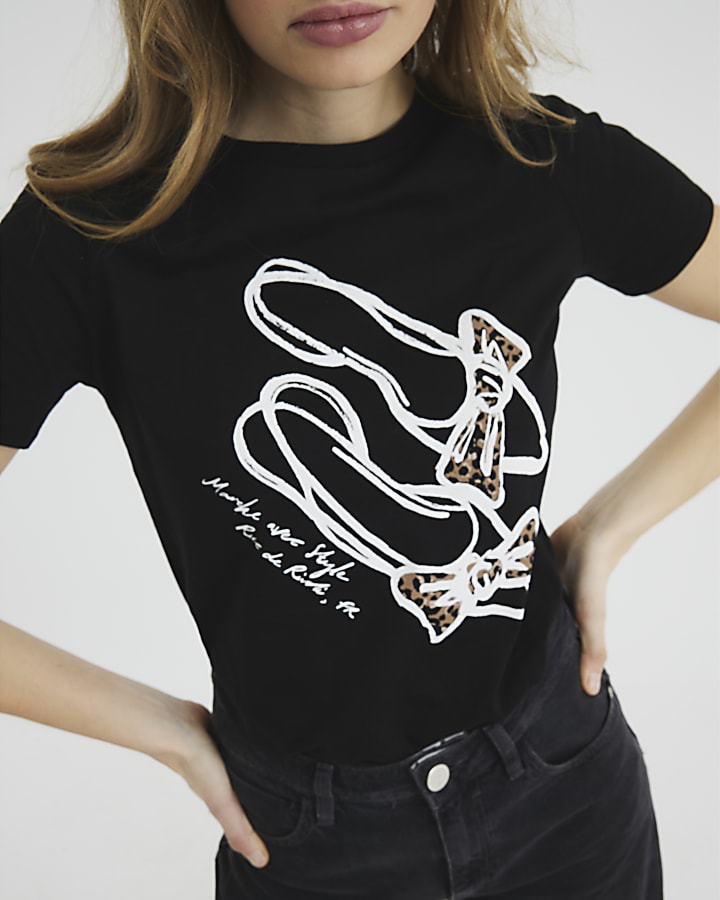 Black Short Sleeve Leopard Bow Heel T-Shirt