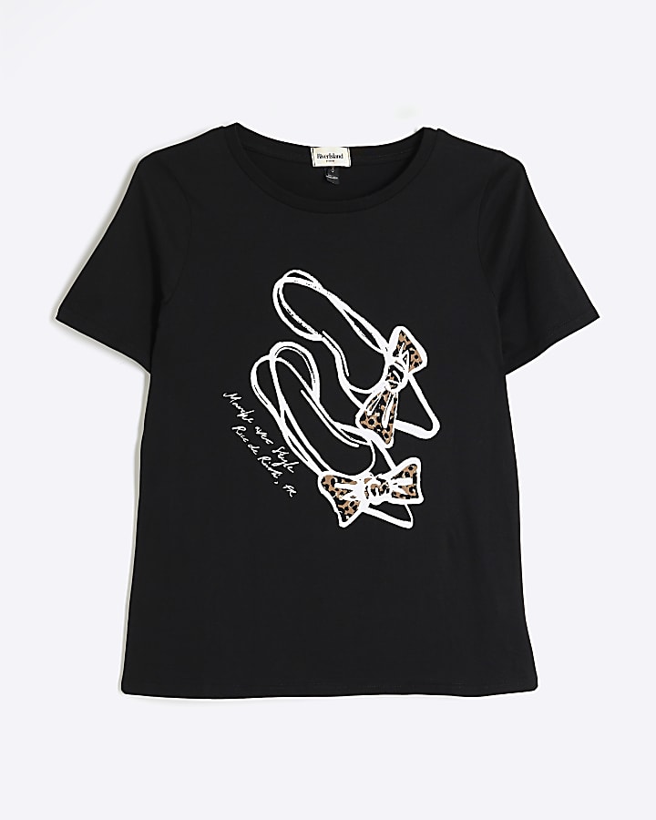 Black Short Sleeve Leopard Bow Heel T-Shirt