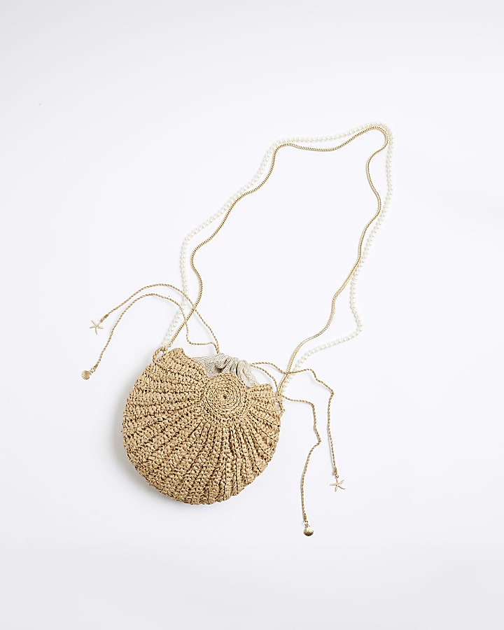 Beige Raffia Shell Cross Body Bag