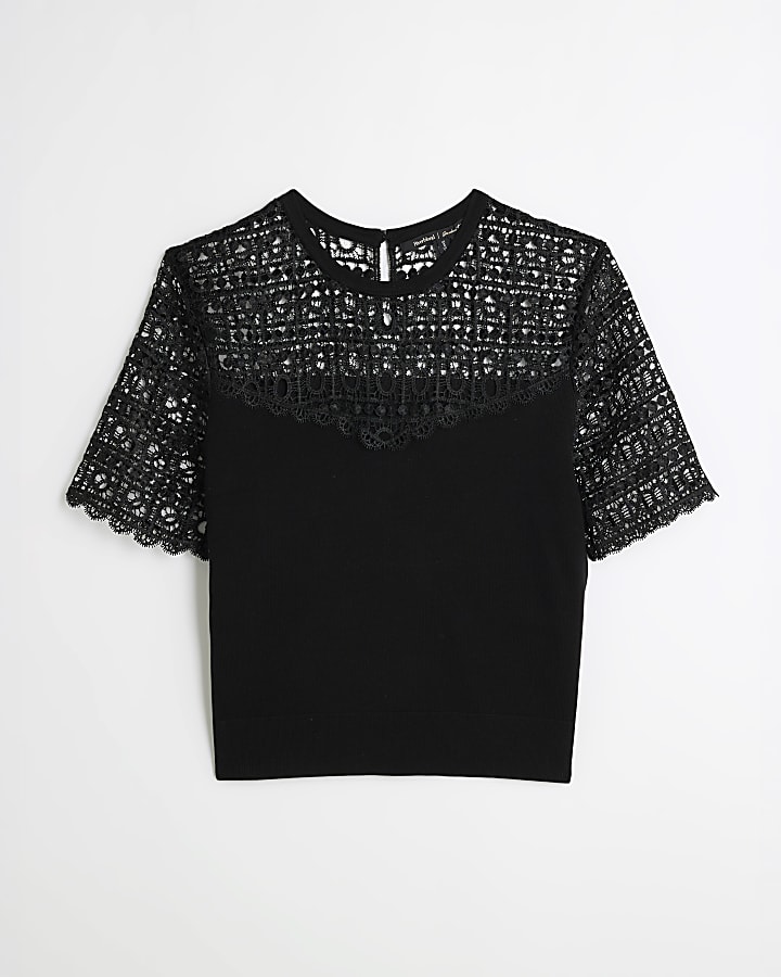 Black Hybrid Lace Mix Knitted T-Shirt