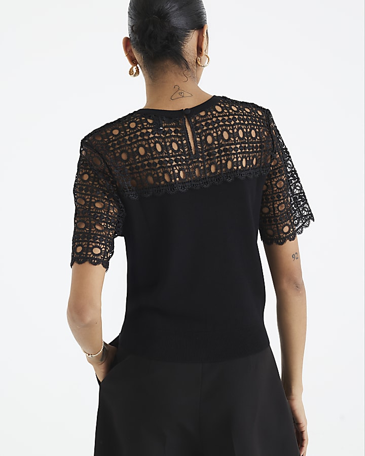 Black Hybrid Lace Mix Knitted T-Shirt