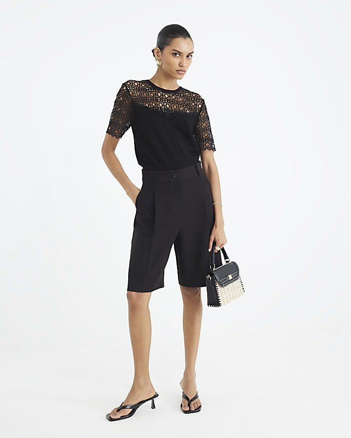 Black Hybrid Lace Mix Knitted T-Shirt
