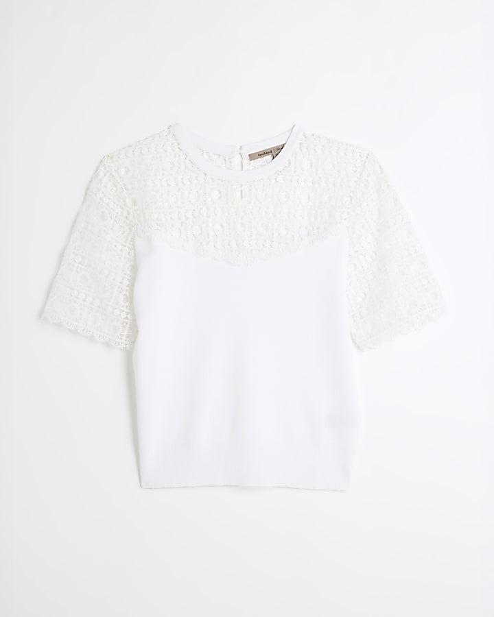 White Hybrid Lace Mix Knitted T-Shirt