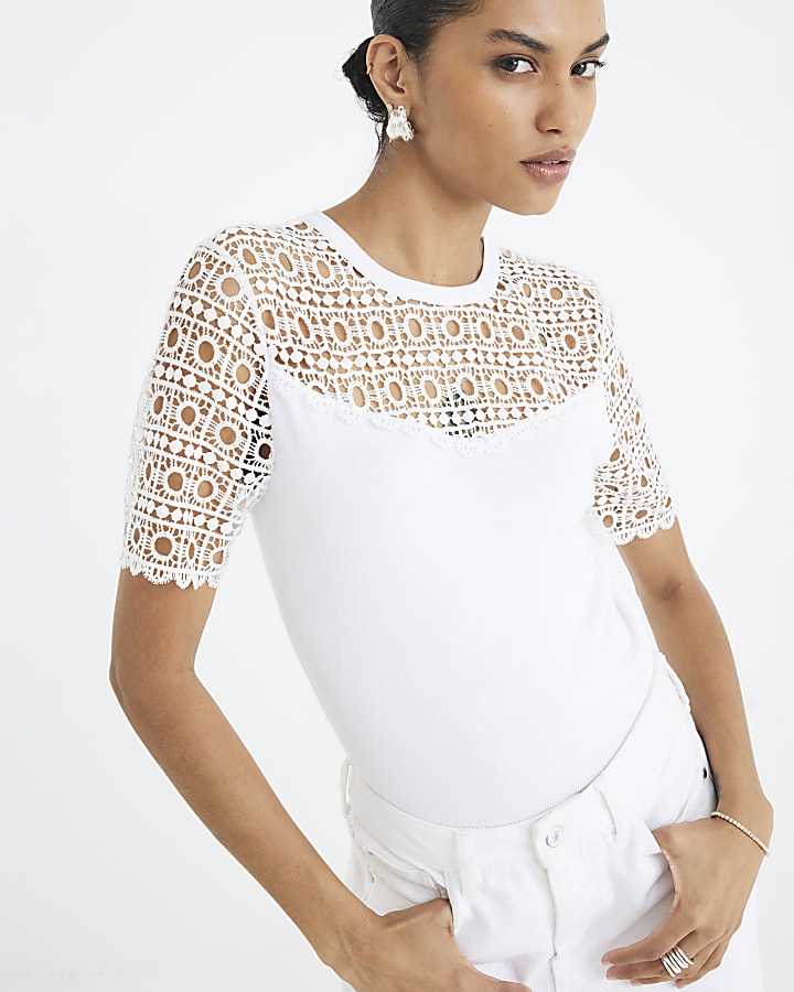 White Hybrid Lace Mix Knitted T-Shirt