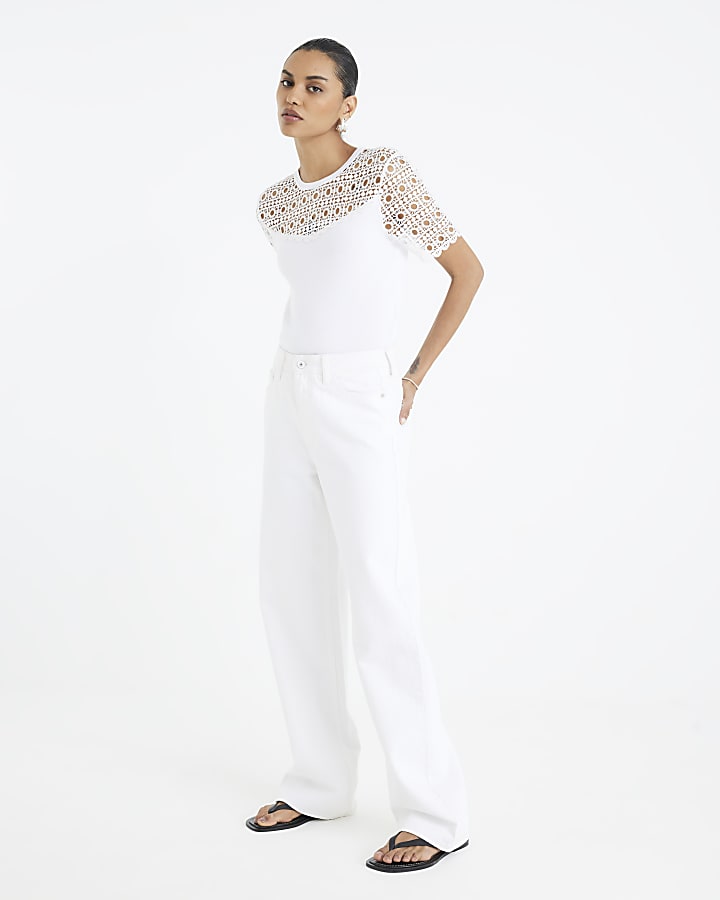 White Hybrid Lace Mix Knitted T-Shirt
