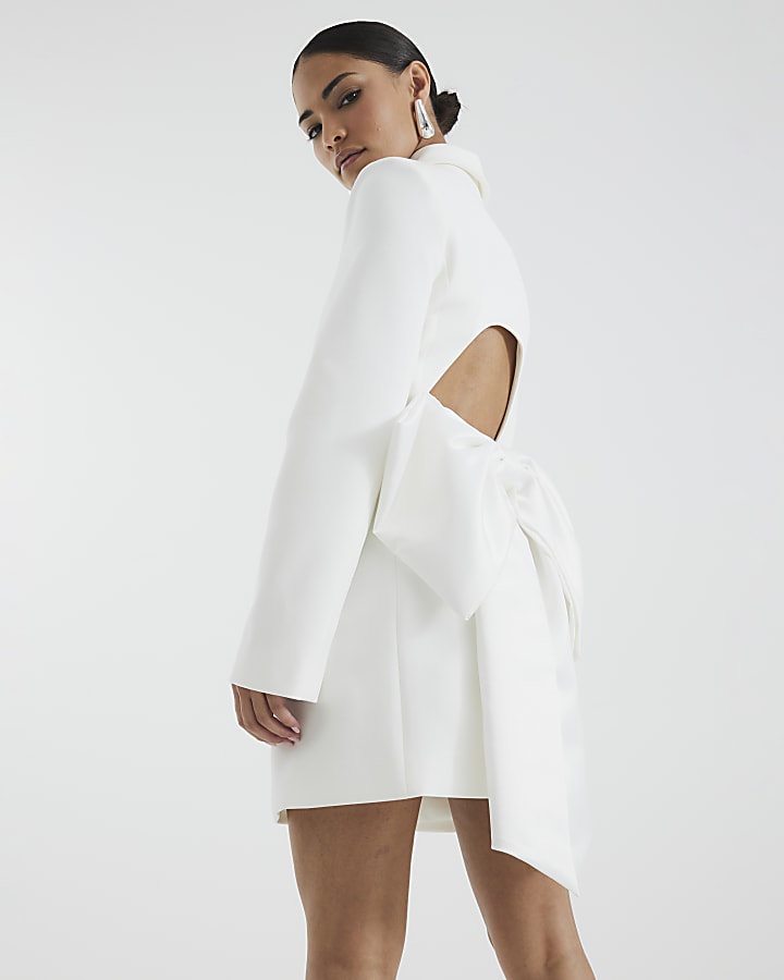 Petite White Bow Back Blazer Mini Dress
