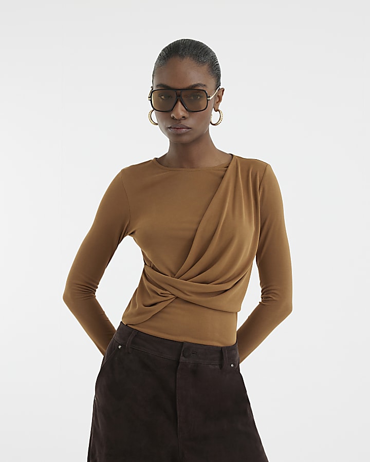 Brown Long Sleeve Drape Top