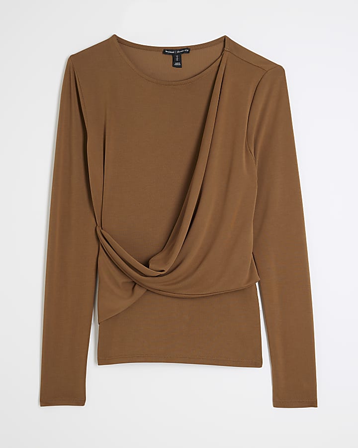 Brown Long Sleeve Drape Top