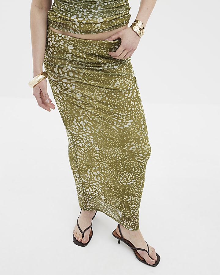 Green Spot Mesh Ruched Maxi Skirt