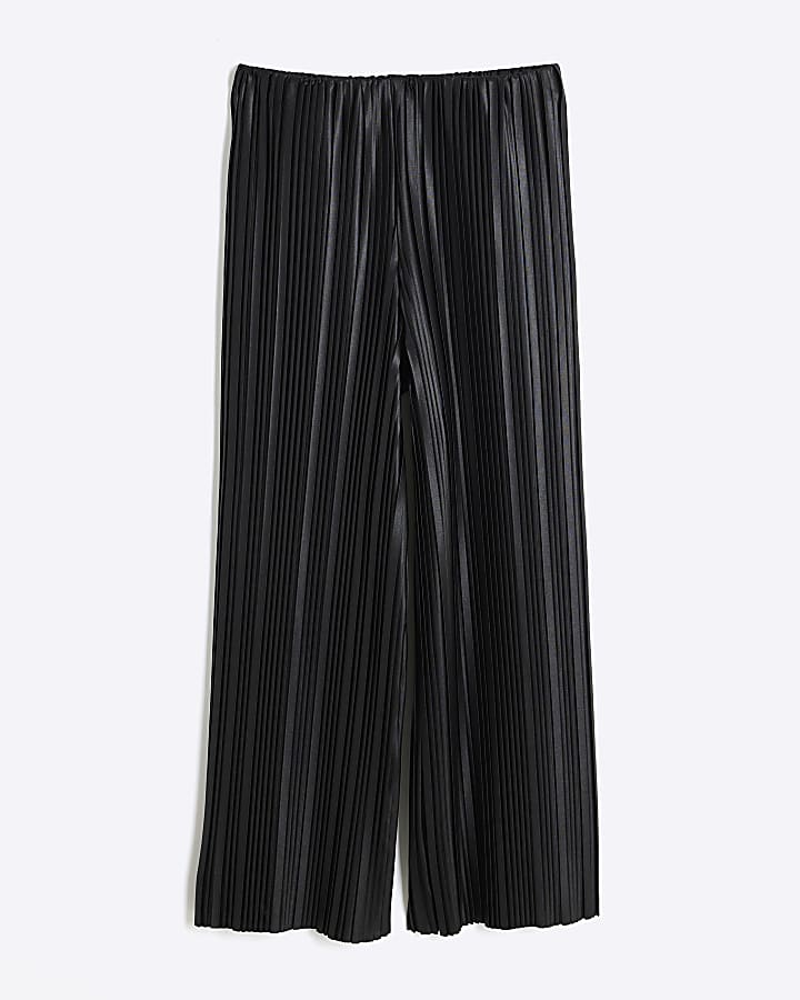 Black Coated Plisse Wide Leg Trousers