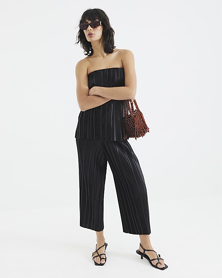 Black Coated Plisse Wide Leg Trousers