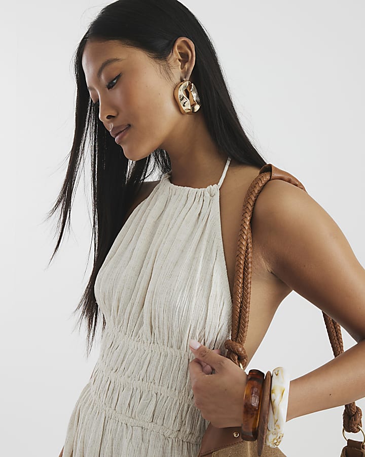 Petite Beige Halter Neck Maxi Dress